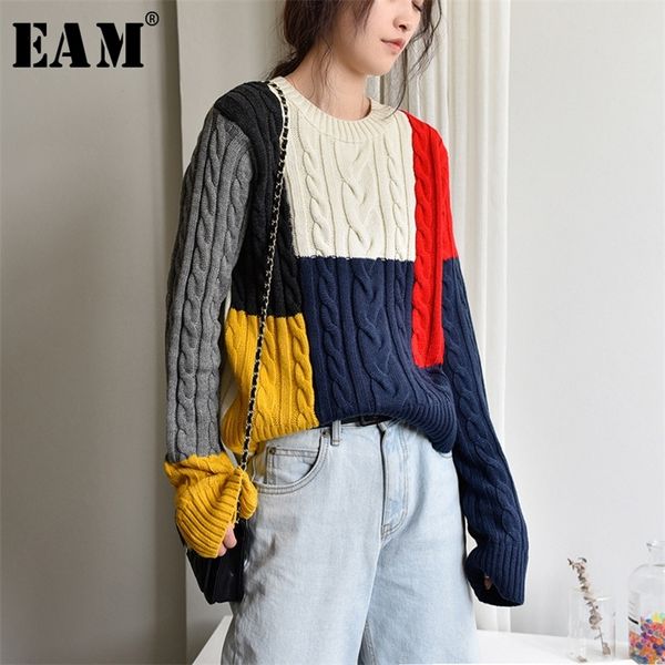 

[eam] colorful knitting sweater loose fit round neck long sleeve women pullovers new fashion tide autumn winter 1y15609 201221, White;black