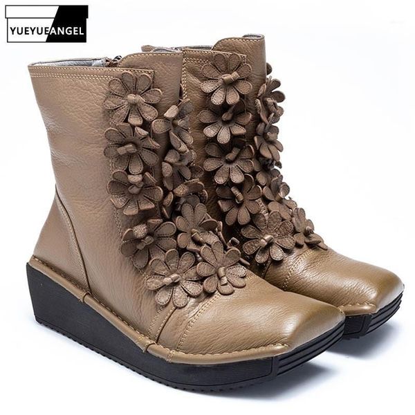 

boots italy runway flowers women wedges winter ankle gothic sequre toe casual genuine leather shoes 2021 punk platform boots1, Black