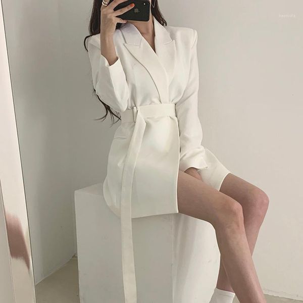 

elegant long blazers women office jacket 2020 casual solid color lace up blazer coat autumn notched collar outwear blazer femme1, White;black