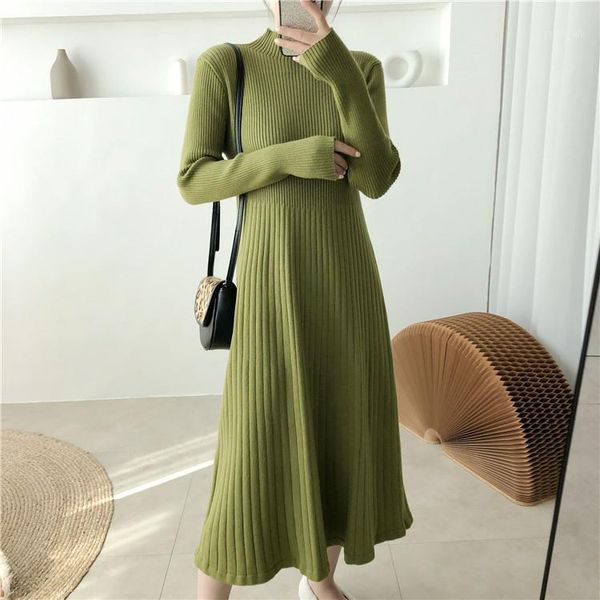 

casual dresses elegant warm half turtleneck ladies a-line sweater dress full sleeve slim waist women knitted mid-calf autumn1, Black;gray