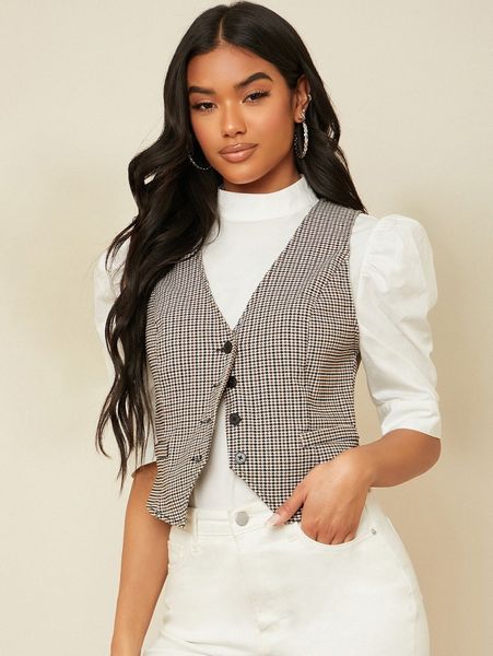 

houndstooth print button up vest blazer j4as#, White;black