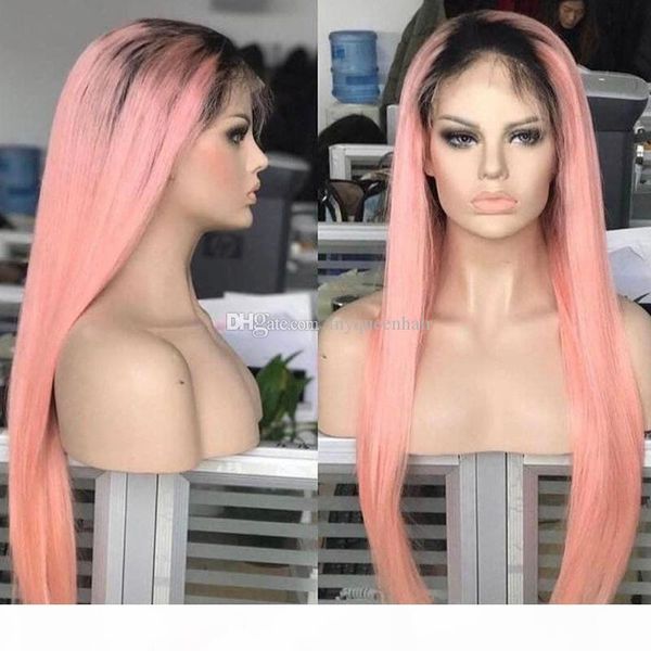 

lace front human hair colorful ombre wigs 1b pink color straight transparent hd lace wigs ombre color pre plucked hairline, Black;brown
