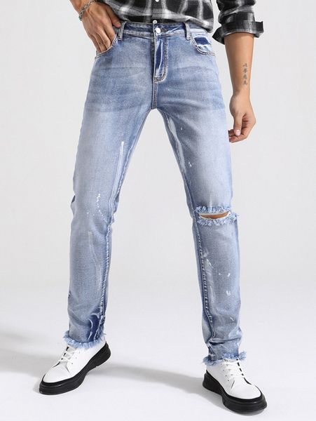 

men cat whisker washed raw hem ripped jeans v9cw#, Blue
