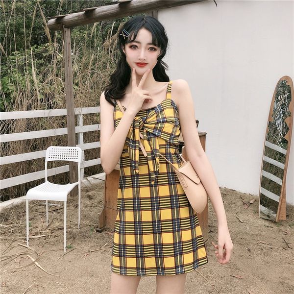 

french style minority design sense platycodon summer harvest waist skirt skirtsuspender plaid skirt show thin 2020 sweet suspender plaid dre, Black;gray