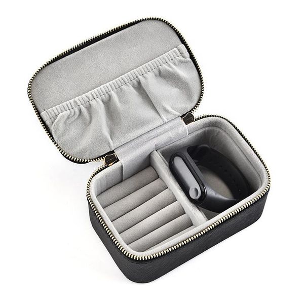 

pu leather zipper jewelry box case women small travel portable jewellery storage organiser female gift, Pink;blue