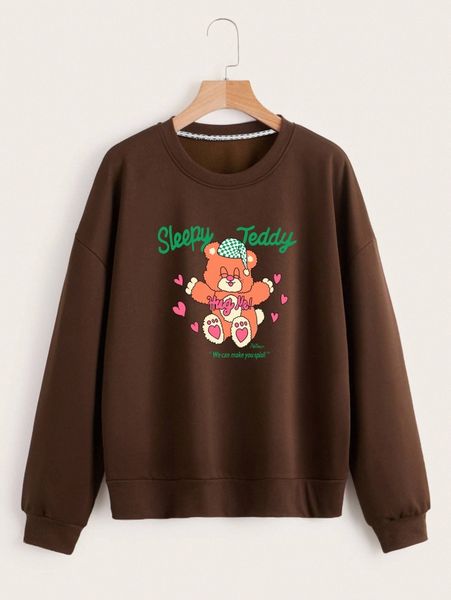 

slogan & cartoon bear print drop shoulder pullover y6df#, White;black