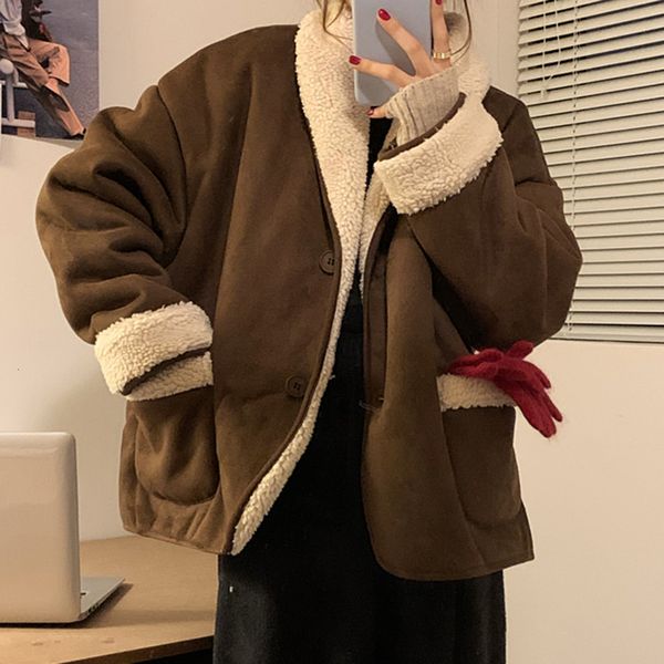 

2021 korean version superficial knowledge one coat loose street fashion autumn winter new thicken keep warm jacket cfuh, Black;brown