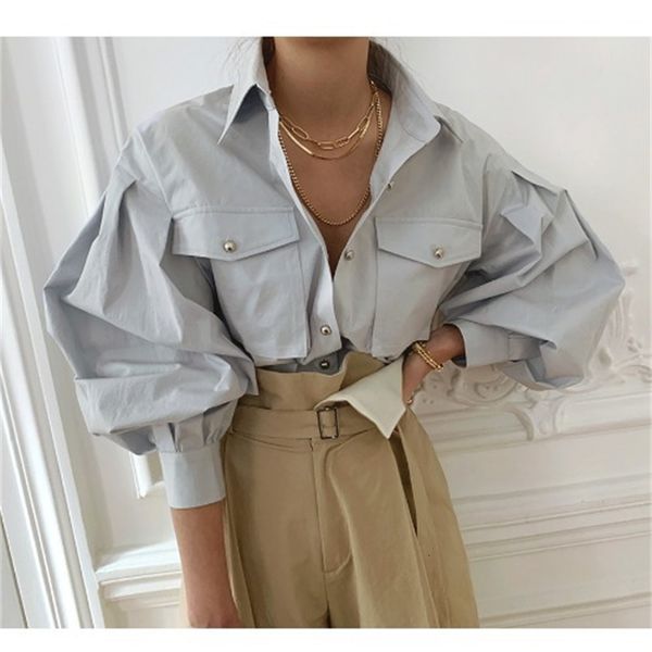 

2021 new style chic woman's blouse oversized solid puff sleeves women's work shirts lady's office released autumn spring zg6, White