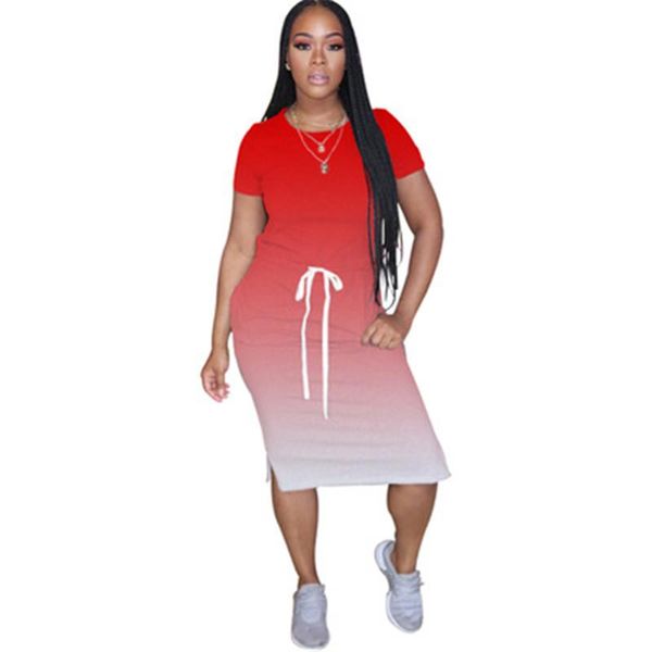 Mulheres Gradiente Multicolor Vestido Moda Tendência Sexy Ronda Pescoço De Manga Curta Saia Curto Designer Feminino Slim High Cintura Split Vestido Casual