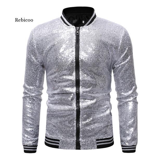 

shiny sequins sparkle bomber jacket men gold glitter striped zipper mens jackets and coats party dance show clothes, Black;brown