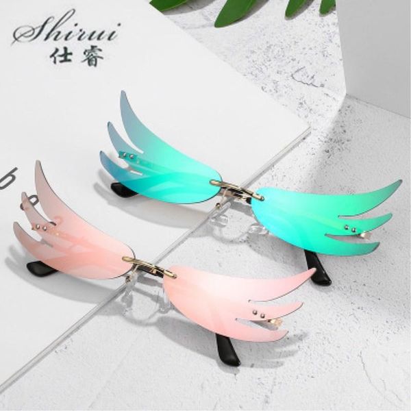 

punk rimless wing солнцезащитные очки женщины luxury красочные моды солнцезащитные очки зеркальные flame sunglass lunette femme уникальный, White;black