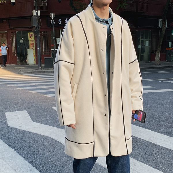 

suede stand collar trend loose korean men's medium length windbreaker coat, Tan;black