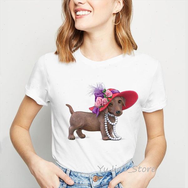 

cute dachshund with red hat funny women harajuku kawaii tshirt dog lover woman clothes tee shirt femme streetwear, White