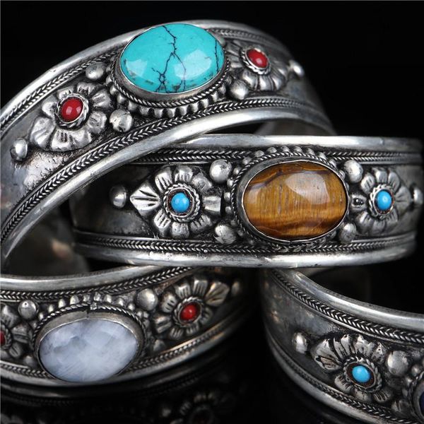 

bangle charming handmade inlaid tiger eye stone turquoise blue gold luminous bracelet national style tibetan silver, Black
