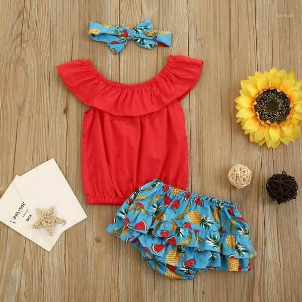 

clothing sets 2pcs toddler kids baby girls tutu skirts t-shirt fruit print shorts headbnads set outfits off-shoulder sleeve set1, White