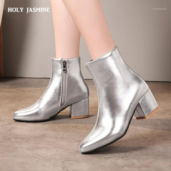 

boots 2021 autumn gold silver black ankle women fashion block high heels pointed toe patent leather party shoes big size1