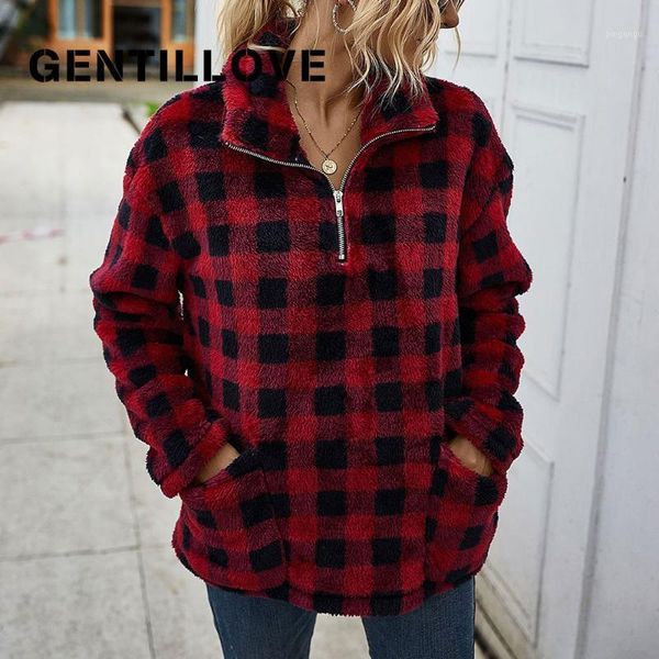 

gentillove casual thick warm plush zipper sweatshirt vintage plaid turtleneck hoodies pullovers coat pockets loose outwear 20201, Black