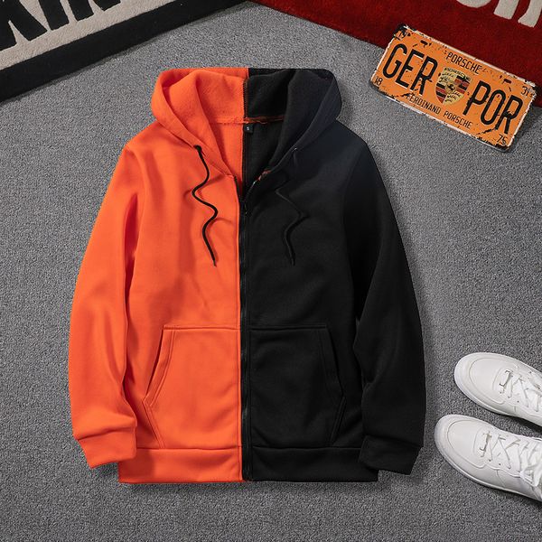 

spring mens hoodies solid splice casual zipper hooded sweatshirts men sportswear loose fleece tracksuit clothing kg-483, Black