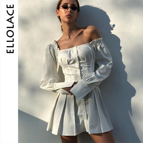 

ellolace solid white mini pleated dresses off shoulder bodycon puff long sleeve backless women slim elegant shirt dresses, Black;gray
