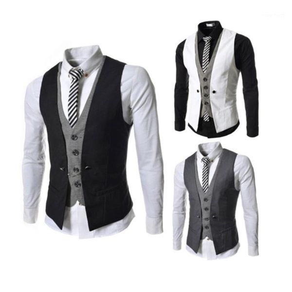 

men sleeveless v neck single-breasted slim gilet business suit waistcoat1, Black;white