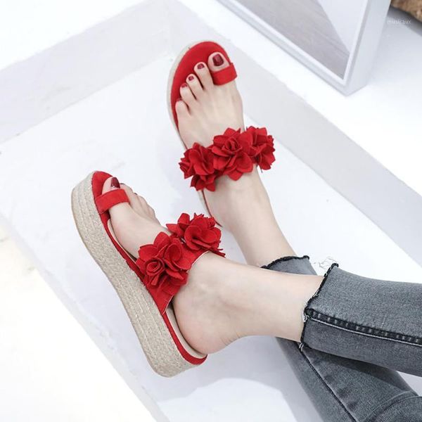 

fashion women flowers decor sandals toe loop flip flops slippers platform shoes beach casual sandals platform shoes1, Black