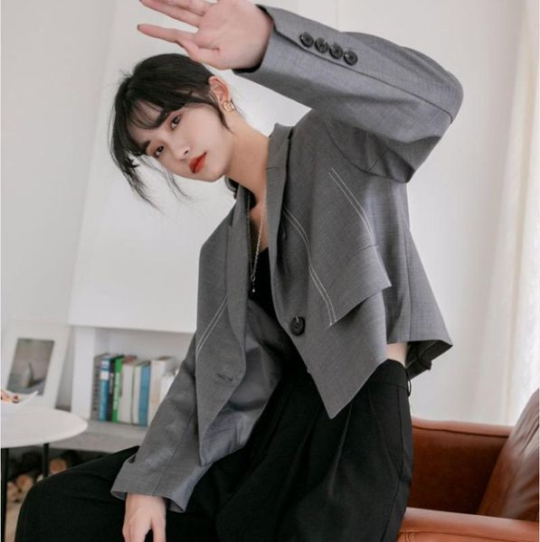 

women's suits & blazers short blazer women long sleeve loose casual single button gray suit jacket autumn spring female street crop co, White;black