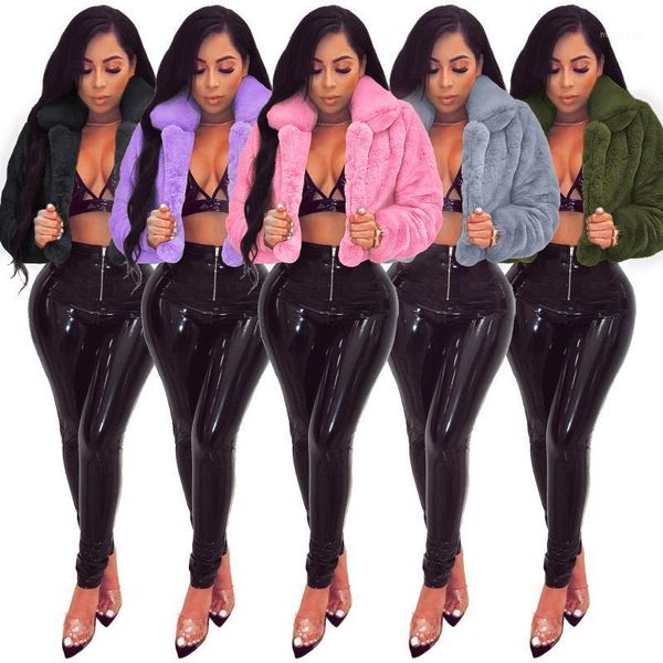 

echoine winter faux fur short coat woman turn down collar long sleeve open stitch furry cropped warm outerwear plus size xxl1, Black