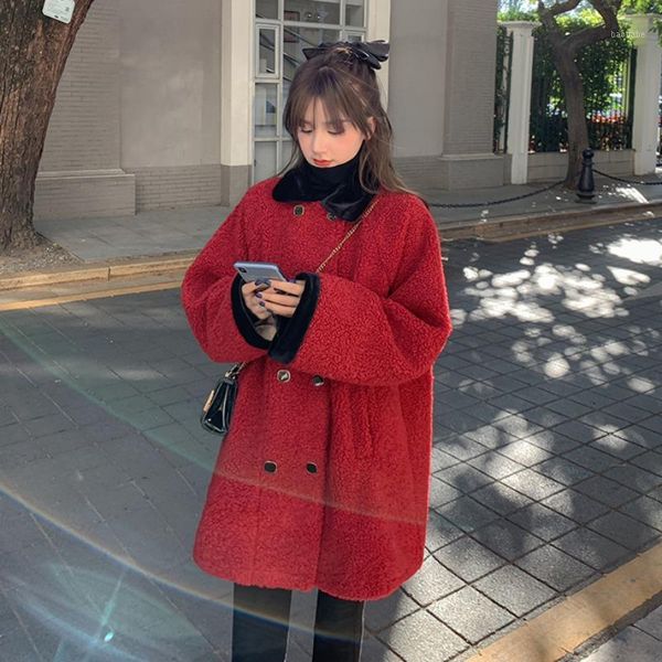 

2021 sobretudo faux lamb coat women's autumn and winter korean style new loose all-matching mid-length double-breasted fashion1, Black