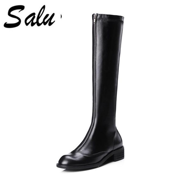 

salu new boots knee-high black boots winter autumn women warm snow genuine leather zip shoes