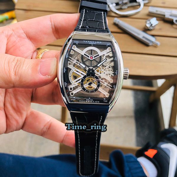 

high version v45 sc dt skeleton dial silver steel case automatic mechanical movement mens watch black leather strap sport designer watches, Slivery;brown