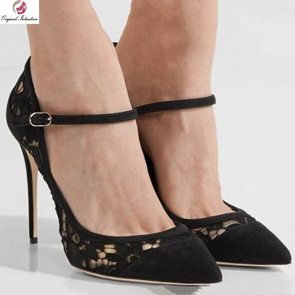 

dress shoes fashion pointed toe woman pumps shallow flock high heels buckle strap thin party office women plus size 35-471, Black