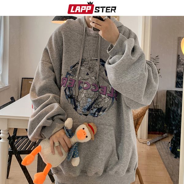 

lappster men fleece harajuku hooded hoodies 2020 mens oversized japanese streetwea sweatshirts male koreanfashions grey hoodie 1019, Black