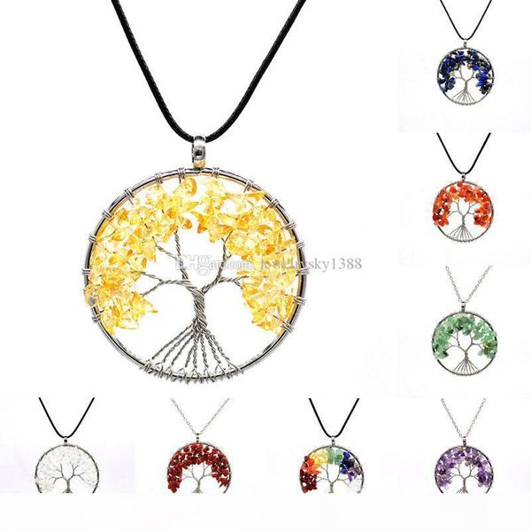 

creative natural gravel tree of life necklace handmade crystal pendant sweater chain 7 chakra natural stone necklaces 16 styles, Silver