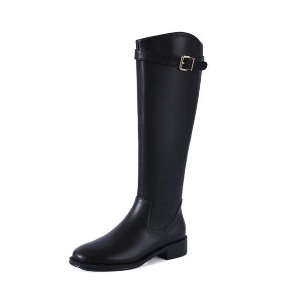 

genuine leather thick heels boots shoes woman low heels knee high boots 2020 fashion side zipper tight high, Black