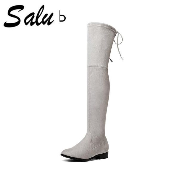 

salu over the knee boots fashion ladies boots 2020 new women square low heels short plush round toe plus size 11 12, Black
