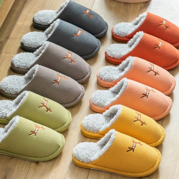 

autumn and winter couples cartoon cute deer pattern warm bedroom slippers thick warm indoor non-slip floor plush slippers, Black
