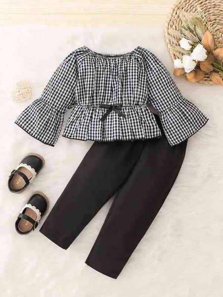 

baby gingham flounce sleeve bow front peplum & pants she, White