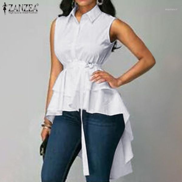 

2020 summer work blouse zanzea fashion belted high low shirts women casual solid sleeveless asymmetrical tunic female blusa1, White