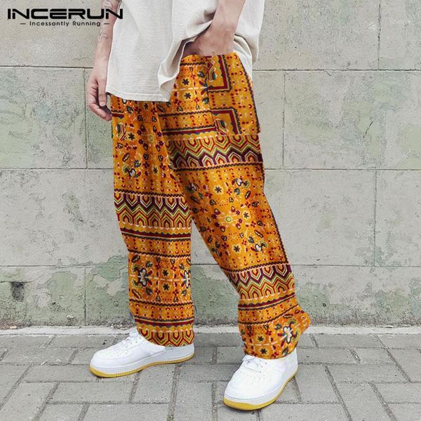 

incerun men pants loose cotton ethnic style printed 2019 wide leg trousers men joggers retro drawstring streetwear pants s-5xl1, Black