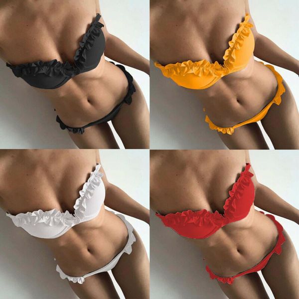 

women's low waist bikini set wrap chest ruffles holiday swimwear swimsuit ladies beachwear bathing suit bikinis 2020 mujer, White;black