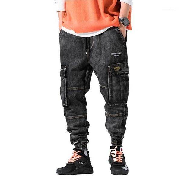 

men autumn winter fashion men jeans high street punk style jogger pants big pocket ankle banded cargo pants hip hop jeans1, Blue