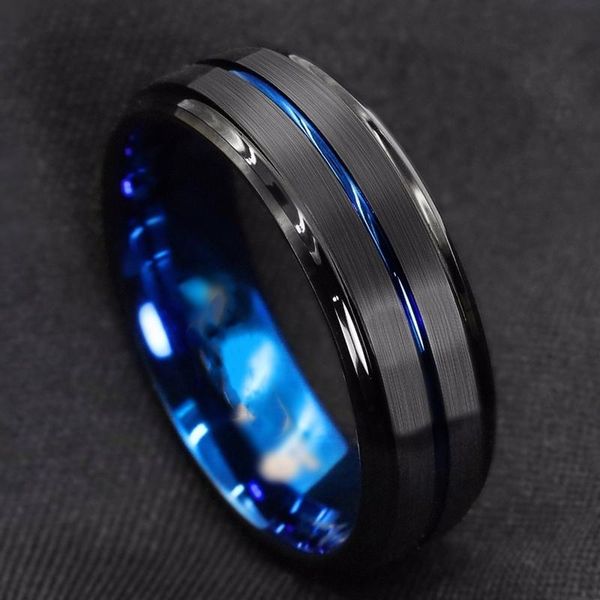 

wedding rings men's fashion 8mm black brushed ladder edge stainless steel ring blue groove men gifts for, Slivery;golden