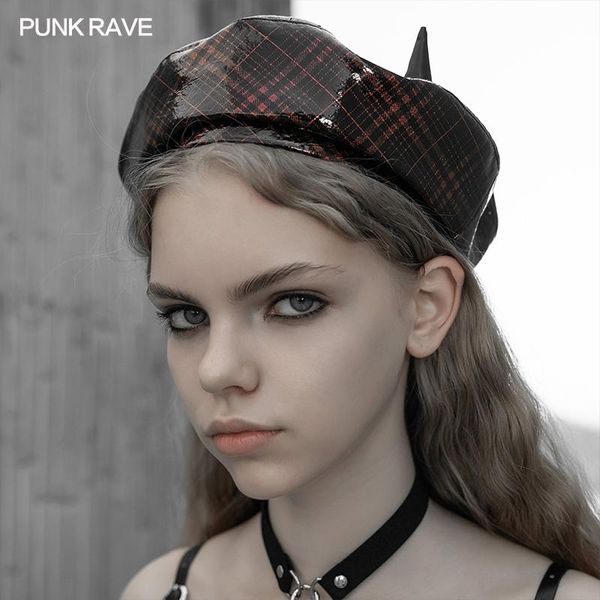 

punk rave girl's plaid little demon dark sweet beret fashion novelty cap women accessories, Blue;gray