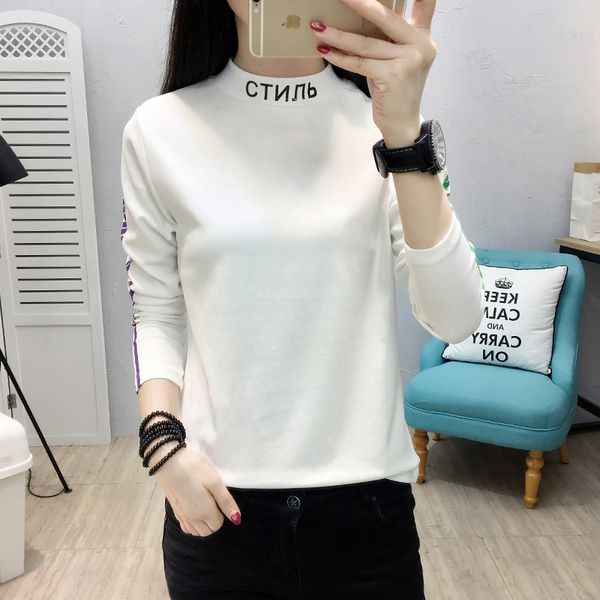

tzf autumn women's new pullover pullovert-shirt pulloverkorean fashion printed letter high neck pullover cotton bottomed t-shirt batch, White
