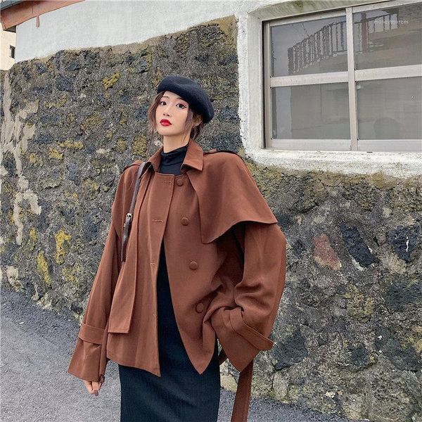 

women's trench coats windbreaker loose classic regular solid coat 2021 coffee fashion chic waist-controlled overcoat elegance female1, Tan;black