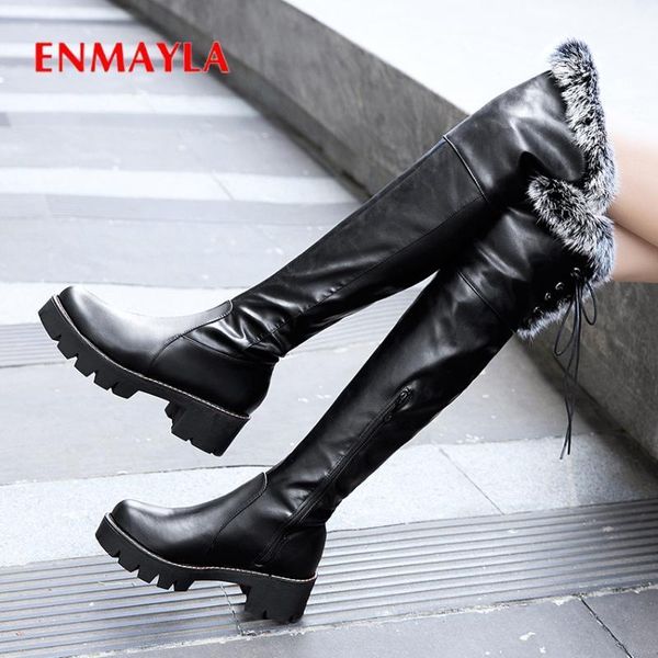 

enmayla round toe med faux fur thigh high boot lace-up winter pu fretwork heels over the knee high boots solid short plush shoes1, Black