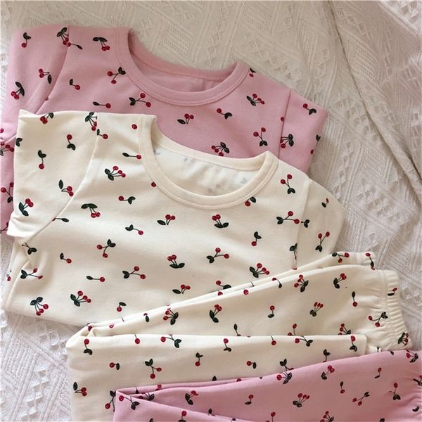 

autumn winter new baby's pure cotton cherry printed underwear sets o neck cartoon girls long johns pajamas set for children y200325, White