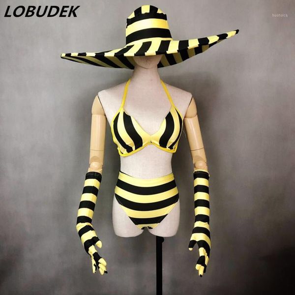 

new fluorescent yellow dance costume striped bikini big hat stage outfit bar nightclub dj singer leading dance team costume1, Black;red