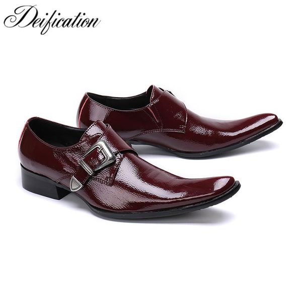 

deification red wine men genuine leather oxfords big buckle design mens wedding dress shoes square toe business leather shoes, Black