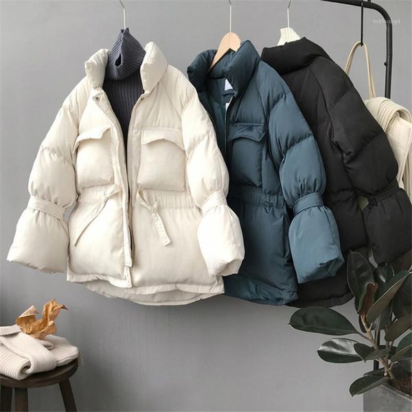 

sweet solid autumn winter down jacket women stand collar warm thick drawstring slim long sleeve chic coat parka female1, Black